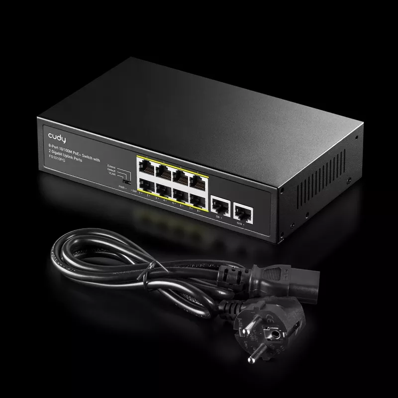 Switch de red Cudy FS1010PG — 10/100 Mbps, 8 puertos PoE, 2 uplink, presupuesto PoE 120W, carcasa metálica