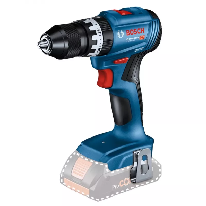Atornillador percutor con batería Bosch GSB 18 V — 18 V, 4 Ah Li-Ion, 45 N·m, 500/1900 rpm, 35 mm madera, 10 mm acero, 2 baterías, cargador, maletín
