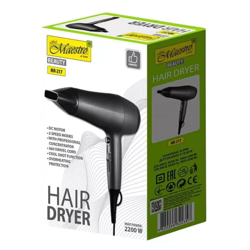 Secador de pelo Maestro MR-217 2200 W, motor DC, 2 velocidades, golpe de aire frío, boquilla de estilismo, negro-grafito