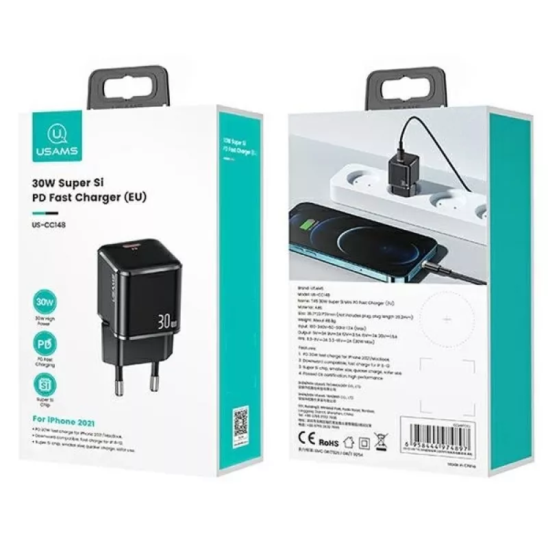 Cargador de pared usams T45 30W USB‑C PD3.0 para smartphones y tablets