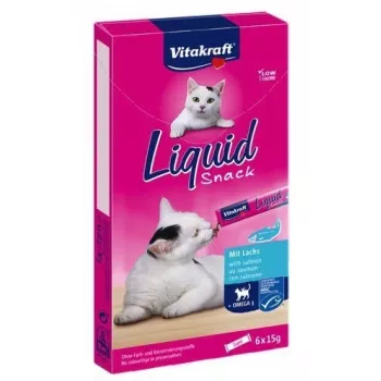 Snack líquido para gatos Vitakraft Liquid Snack Junior pollo pescado cerdo pasta 6×15 g, humedad 88,5%
