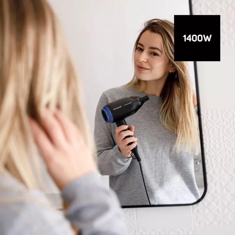 Secador de pelo Taurus Studio Glow 1500 — 1400 W, 3 niveles de calor, 2 velocidades, plegable, colgable, negro