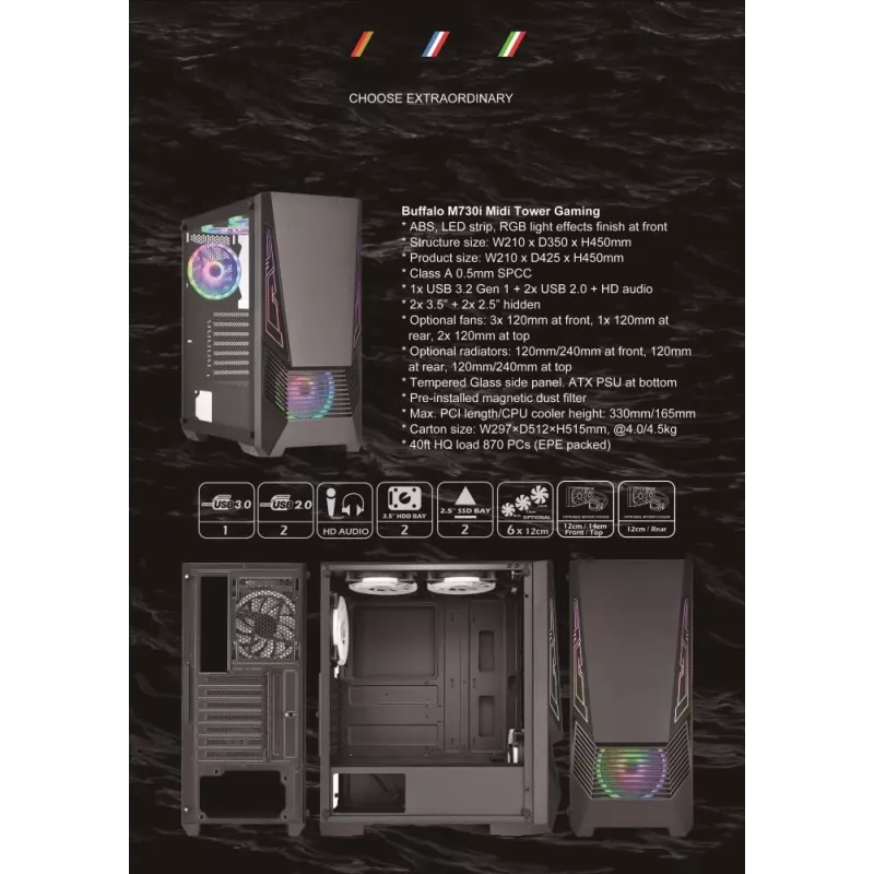 Carcasa | GOLDEN TIGER | Factores de forma de placa base compatibles ATX/micro ATX | Negra | Semitorre | Buffalo M730i | BUFFALOM730I