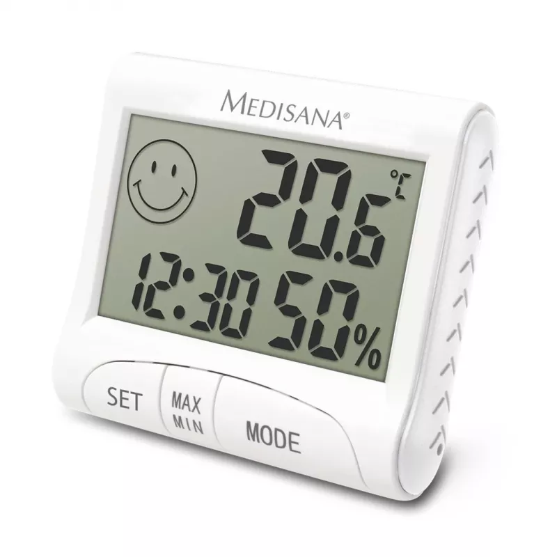 Higrómetro interior electrónico Medisana HG 100 — termómetro digital, humedad del aire 20–90 %, temp. -10–50 °C, pantalla de sobremesa, pila AAA