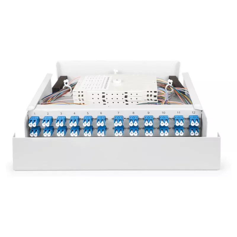 Caja de pared de fibra óptica DIGITUS DN-96843M-OS2, monomodo, premontada, 24×LC adaptador DX con pigtails, acero, gris, 320×54×280 mm