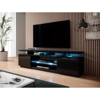Mueble de TV cama meble EVA 180x40x56 cm, negro brillante, tablero de MDF, estructura negra