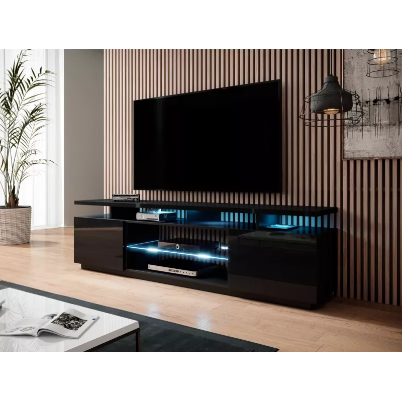 Mueble de TV cama meble EVA 180x40x56 cm, negro brillante, tablero de MDF, estructura negra
