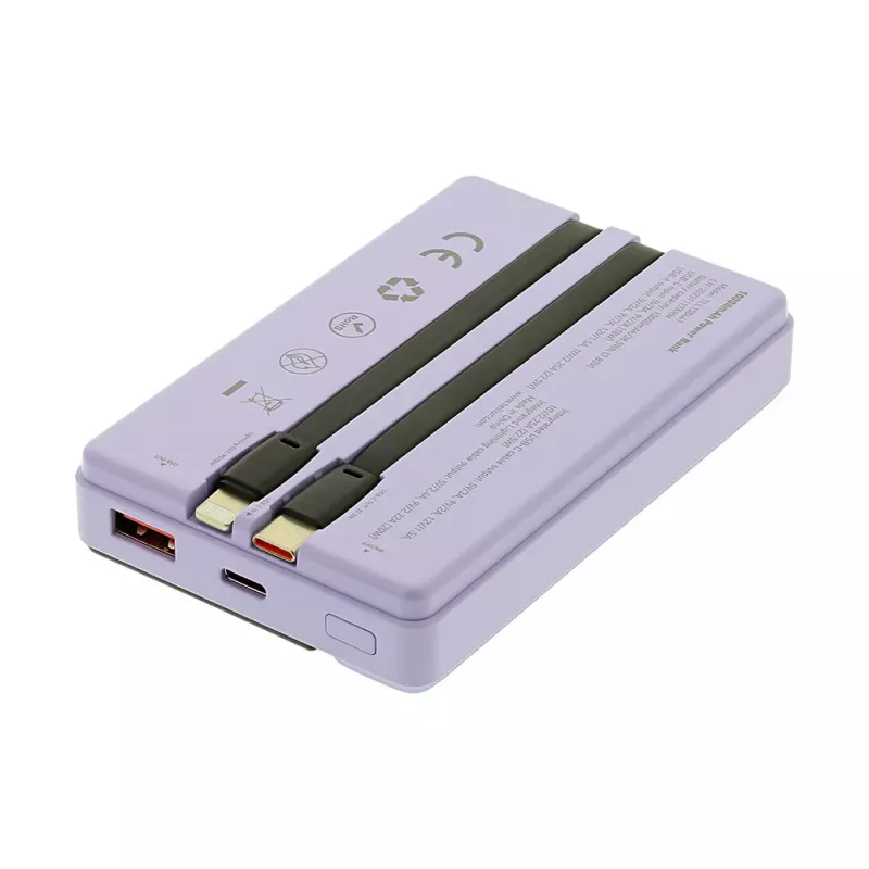 Batería portátil Tellur TLL158441, 10000 mAh, cables USB-C y Lightning integrados, violeta