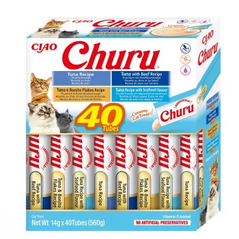 Snacks húmedos para gatos INABA Churu caja surtida atún con marisco — 40 sobres de pasta de 14 g, sin cereales, sin azúcar