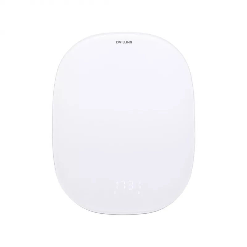 Báscula de cocina electrónica ZWILLING Enfinigy plateada blanca — capacidad 10 kg, precisión 1 g, pantalla LCD