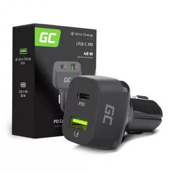 Cargador para coche Green Cell CAD33, 42 W, USB-C PD + USB-A QC3.0, entrada 12/24 V, salida 5–12 V