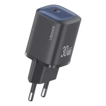 usams cargador rápido USB-C GaN de 30 W USA001446 — cargador de pared portátil USB-C PD de 30 W, negro