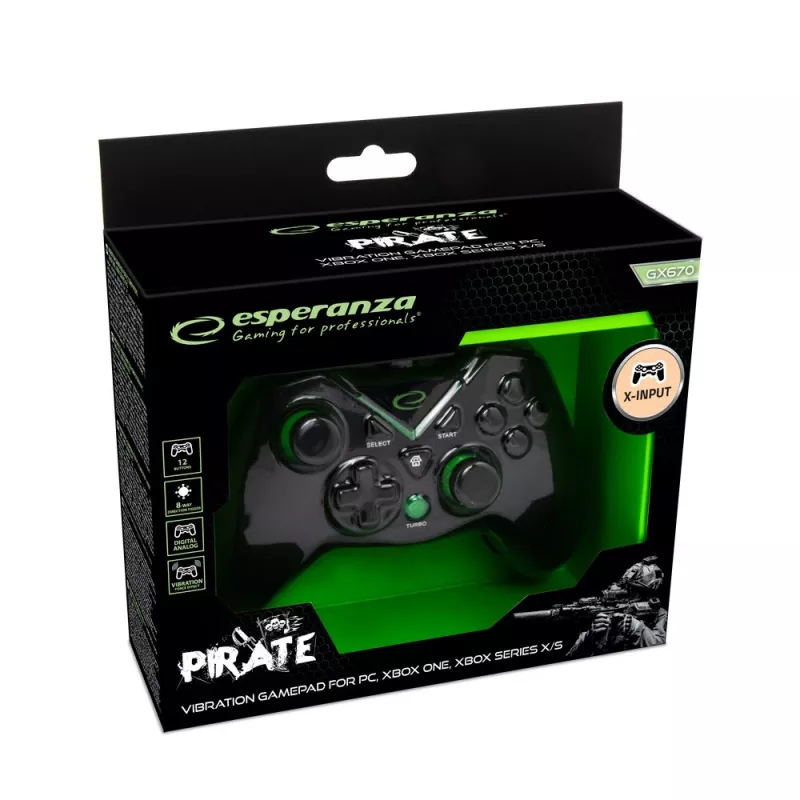 Esperanza EGG114K Pirate mando, USB 2.0, analógico/digital, para PC, Xbox One, Xbox Series X/S, negro
