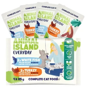 Comida húmeda para gatos animal island Everyday Filetes de pavo y pescado blanco en caldo 4×85 g sobres (4×85 g)