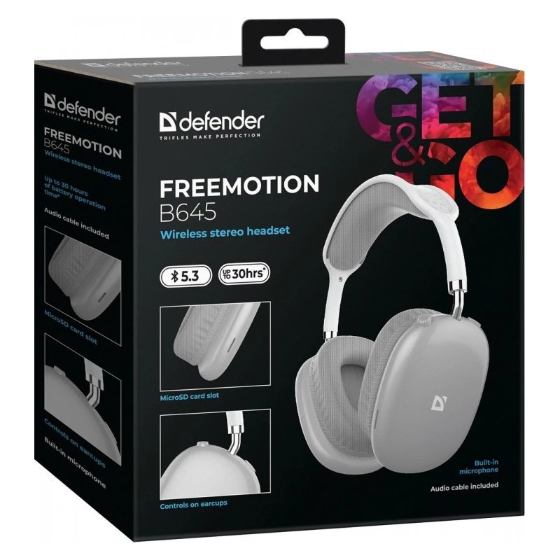 Defender FreeMotion B645 auriculares Bluetooth supraaurales, Bluetooth 5.3, USB-C, jack de 3,5 mm, micrófono integrado, 20–20000 Hz, 105 dB, grises