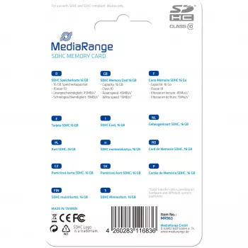 Tarjeta de memoria MediaRange 16GB SDHC Class 10 MR963