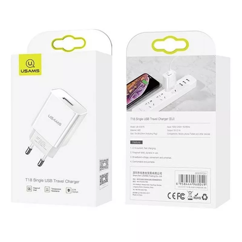 Cargador usams T18 single USB 2.1A solo cabezal