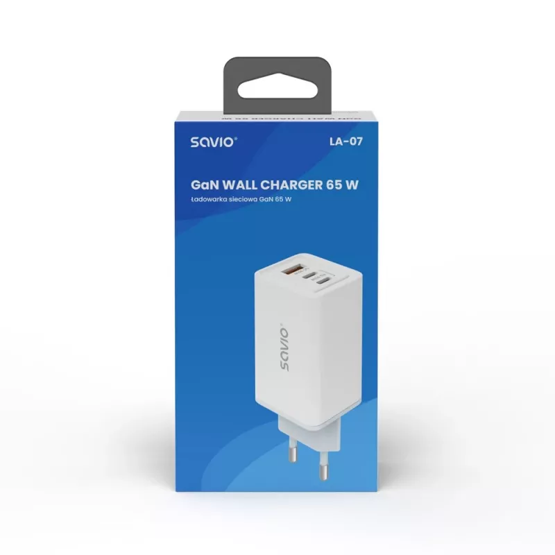 SAVIO LA-07 Fuente de alimentación GaN 65W, USB, QC4.0+, PD 3.0, Blanca