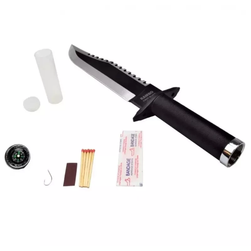 Cuchillo de supervivencia fijo Cinema Classic CC-H2 — 400 mm de longitud total, hoja de acero 250 mm, lisa y dentada, empuñadura negra, incluye funda de cuero