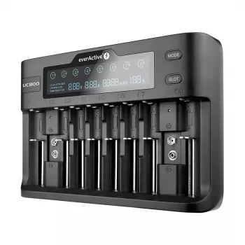 Cargador de baterías everActive UC-800 AC 12V 3A — para LiFePO4/LiPo/NiMH, compatible con AA/AAA/9V, hasta 10 baterías, entrada 12 V, pantalla integrada, negro