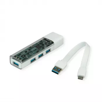 Hub USB 3.2 Gen 1 portátil ROLINE, 4 puertos, cable de conexión Type-A+C
