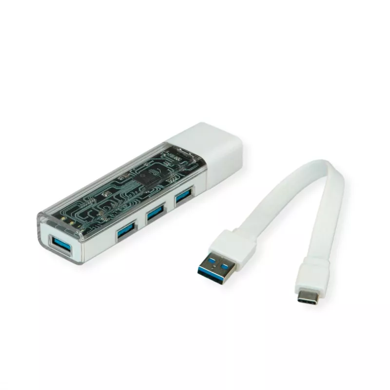 Hub USB 3.2 Gen 1 portátil ROLINE, 4 puertos, cable de conexión Type-A+C