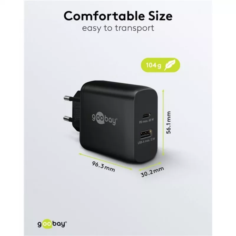 Cargador dual rápido USB-C, PD, GaN, 65 vatios (negro, 1x USB-C, 1x USB-A, Power Delivery)