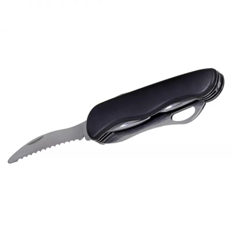 Navaja AZYMUT HK20018 — multiusos de tamaño completo, 9 funciones, acero inoxidable 420J2/3CR13, cerrada 11 cm, 146 g, funda de cuero, llavero