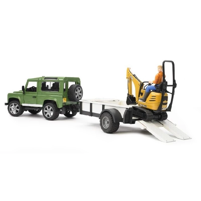 BRUDER Land Rover Defender con remolque CAT y figura vehículo de juguete