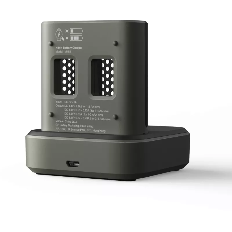 Base de carga del cargador de pilas GP M452 para baterías NiMH Micro AAA, Mignon AA