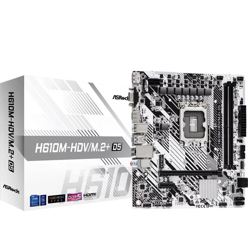 ASRock H610M-HDV/M.2+ D5 placa base, Intel H610, LGA 1700, Micro-ATX, 2x DDR5 DIMM (máx. 96 GB), PCIe 4.0 x16, 1x M.2, 4x SATA III, HDMI, DisplayPort, VGA, USB-C 3.2 Gen 1, Gigabit LAN
