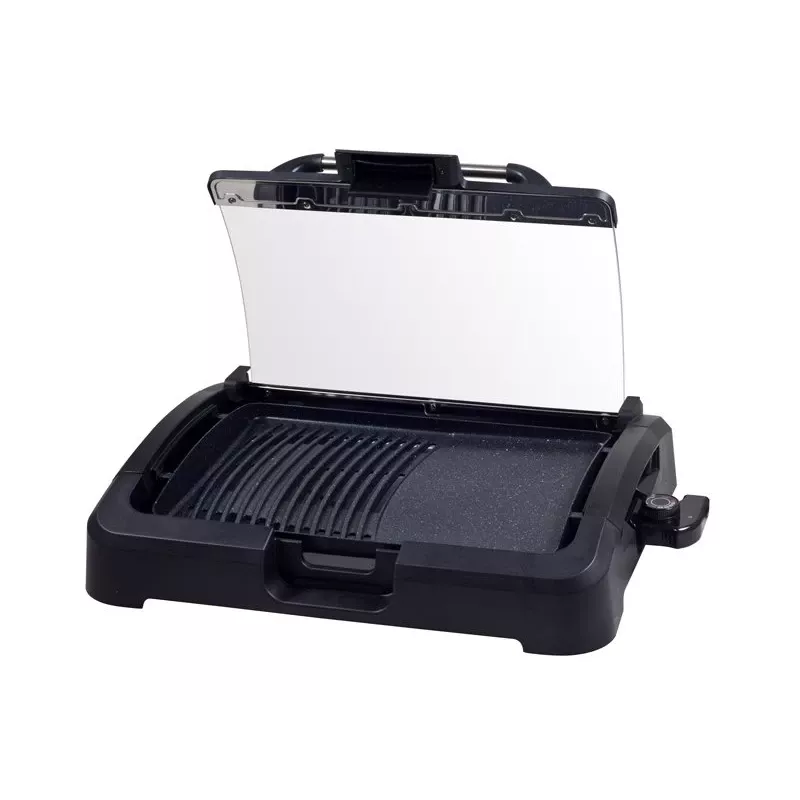 Beper 90.871 barbacoa eléctrica, placa antiadherente de 39 x 29 cm, tapa de cristal, 2200 W, negra