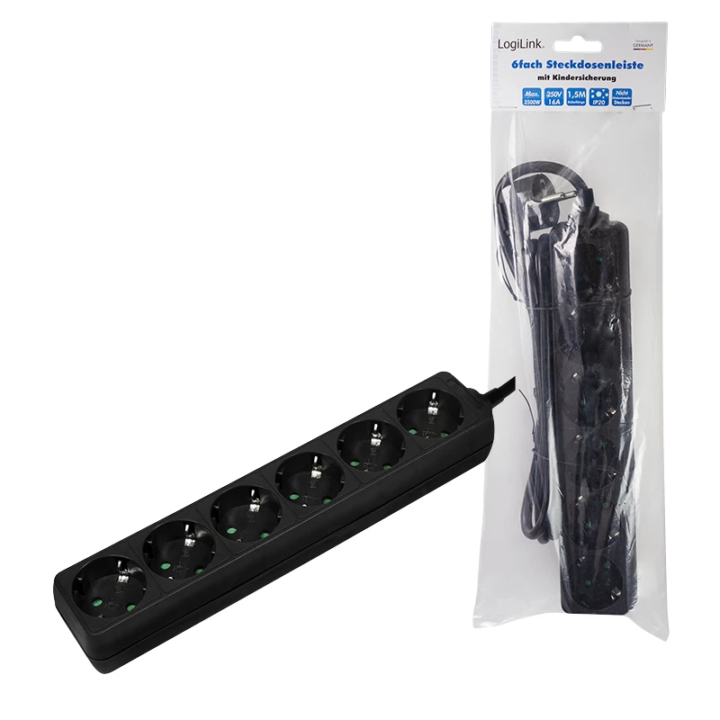 Regleta de enchufes LogiLink LPS238B 1,5 m 6 tomas AC interiores negra