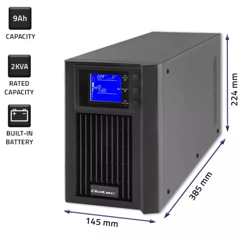 Sistema de alimentación ininterrumpida QOLTEC 53981 On line 2kVA, capacidad 2000 VA