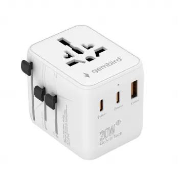 Fuente de alimentación de viaje GEMBIRD TPA-1A2C20-01-W — 20 W, USB-A (18 W) + 2× USB-C (20 W), enchufe Type E, blanco