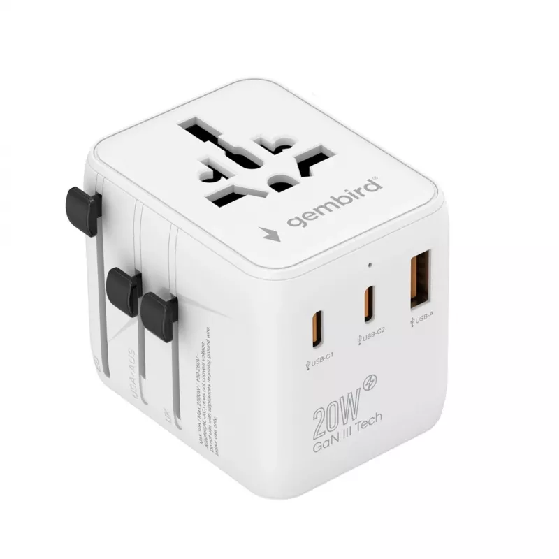 Fuente de alimentación de viaje GEMBIRD TPA-1A2C20-01-W — 20 W, USB-A (18 W) + 2× USB-C (20 W), enchufe tipo E, blanco