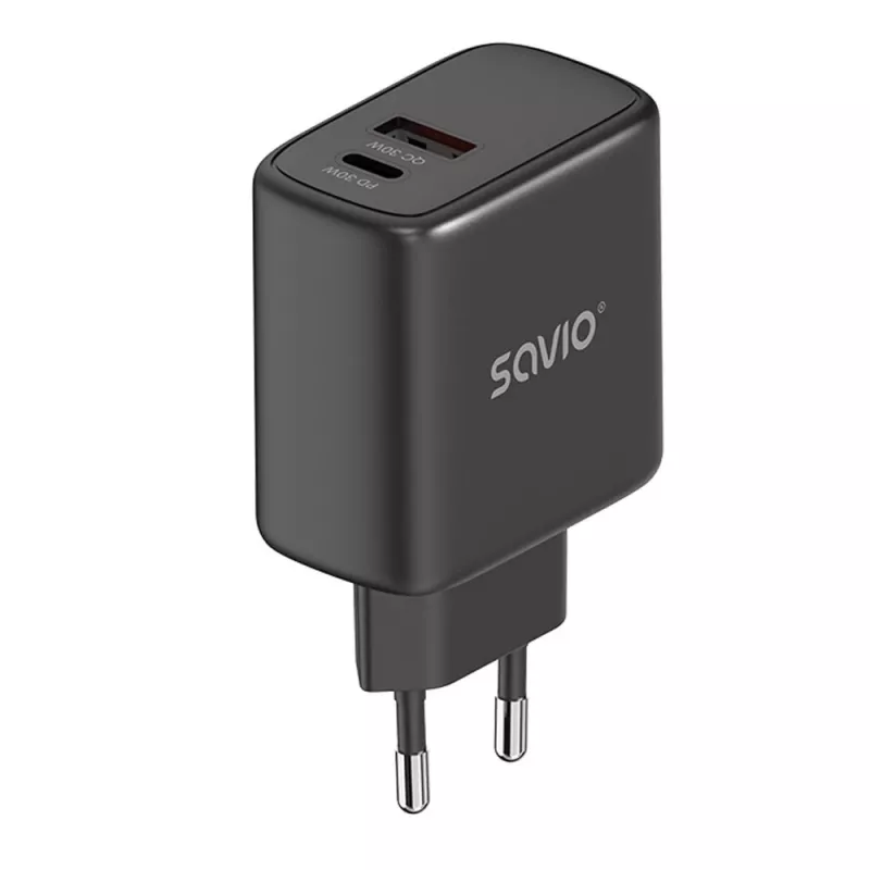 Cargador de pared SAVIO LA-06/B 30 W, USB-A + USB-C, Quick Charge, Power Delivery 3.0, negro