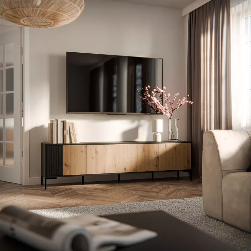 Mueble RTV Cama MERCI 200 x 40 x 54 cm negro/roble artisan