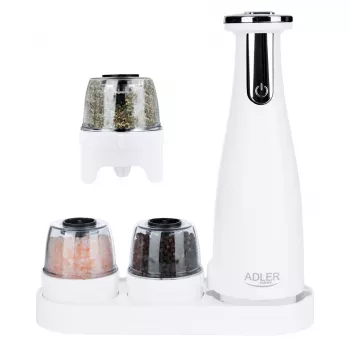 Set de molinillos de sal y pimienta Adler AD 4449W acero blanco, mecanismo cerámico, 150 ml, recargable por USB-C
