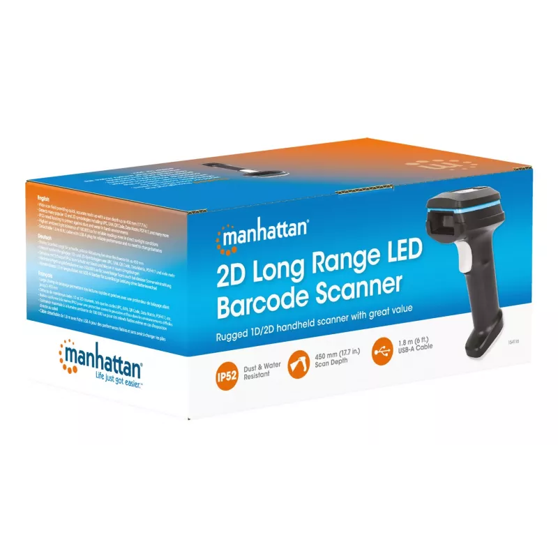 Manhattan 154116 escáner de códigos de barras de mano 2D LED de largo alcance, 450 mm, IP52