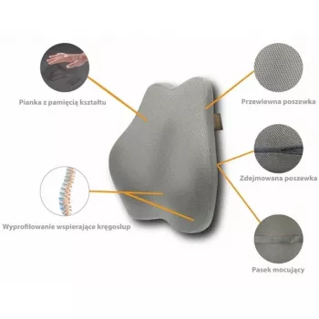 Cojín lumbar MDH DRQE3S0BBXUXP — espuma viscoelástica ergonómica, 450×410×105 mm, densidad 55 kg/m³, gris, bolsa de almacenamiento incluida