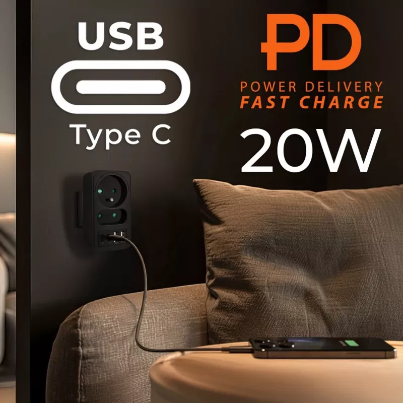 Regleta de enchufes MACLEAN MCE249 F/B – 2 tomas AC (16A + 6A) con 2×USB-A y 2×USB-C PD 20W, conector EU, negro