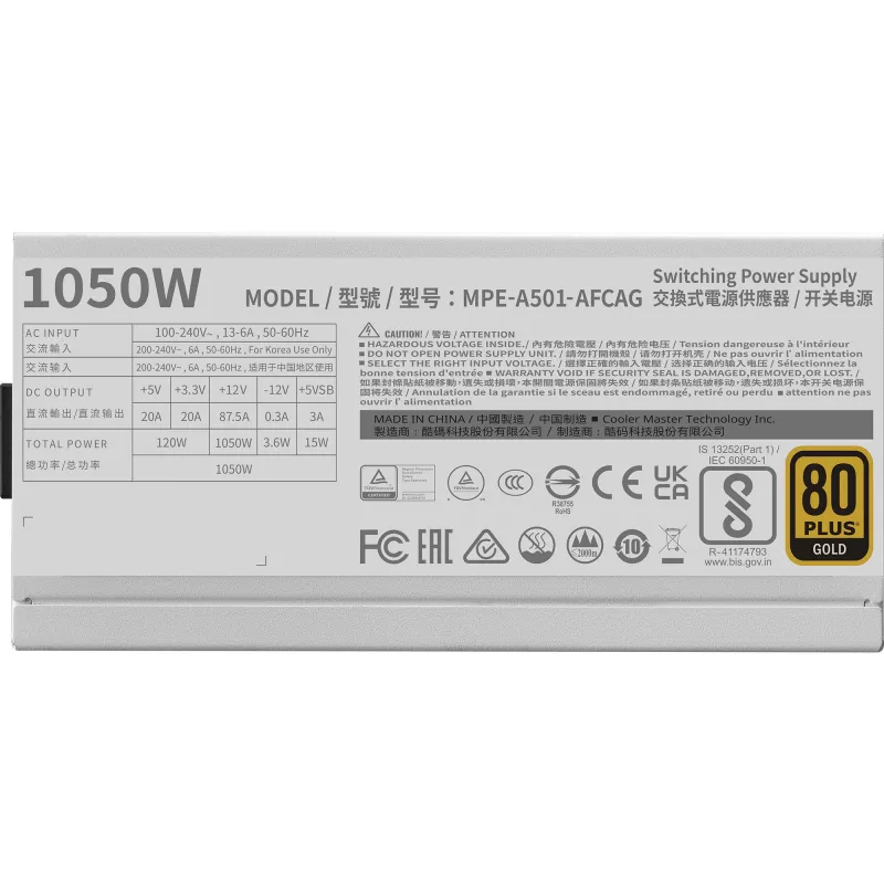 Fuente de alimentación Cooler Master MWE Gold 1050 V2 ATX 3.1, 1050 W, blanca, MPE-A501-AFCAG-3EGEU