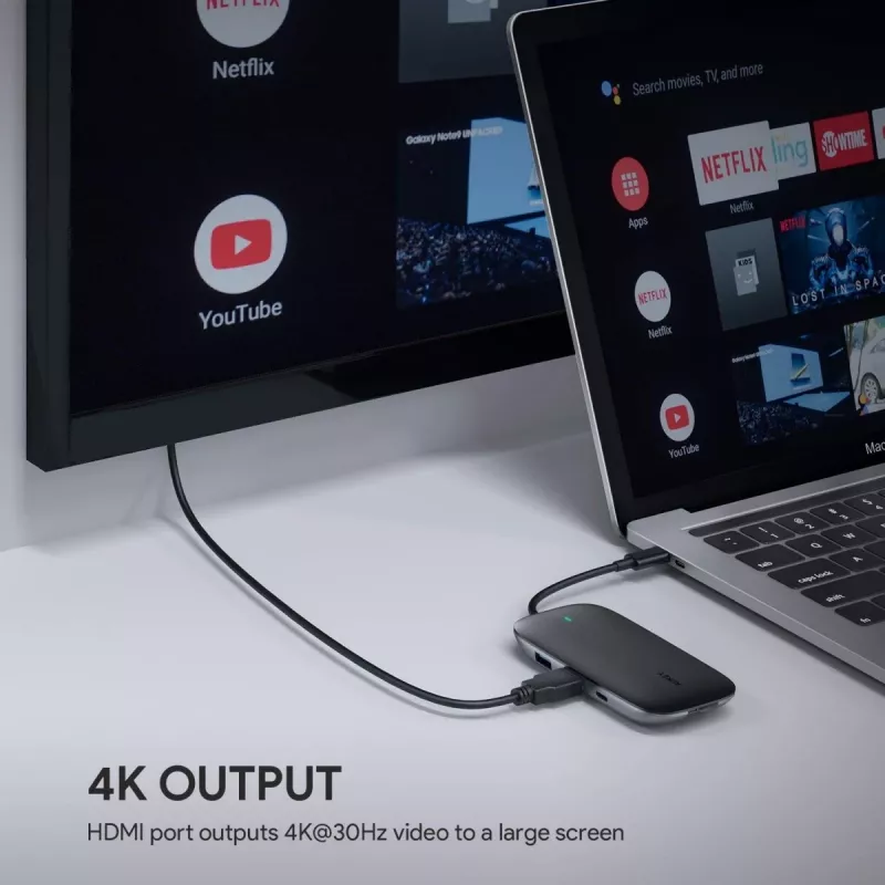 AUKEY CB-C71 hub USB-C 8 en 1, 3x USB-A 3.0, HDMI 4K@30Hz, Gigabit RJ45, SD/microSD, USB-C PD 100 W, cable de 0,15 m, aluminio, negro