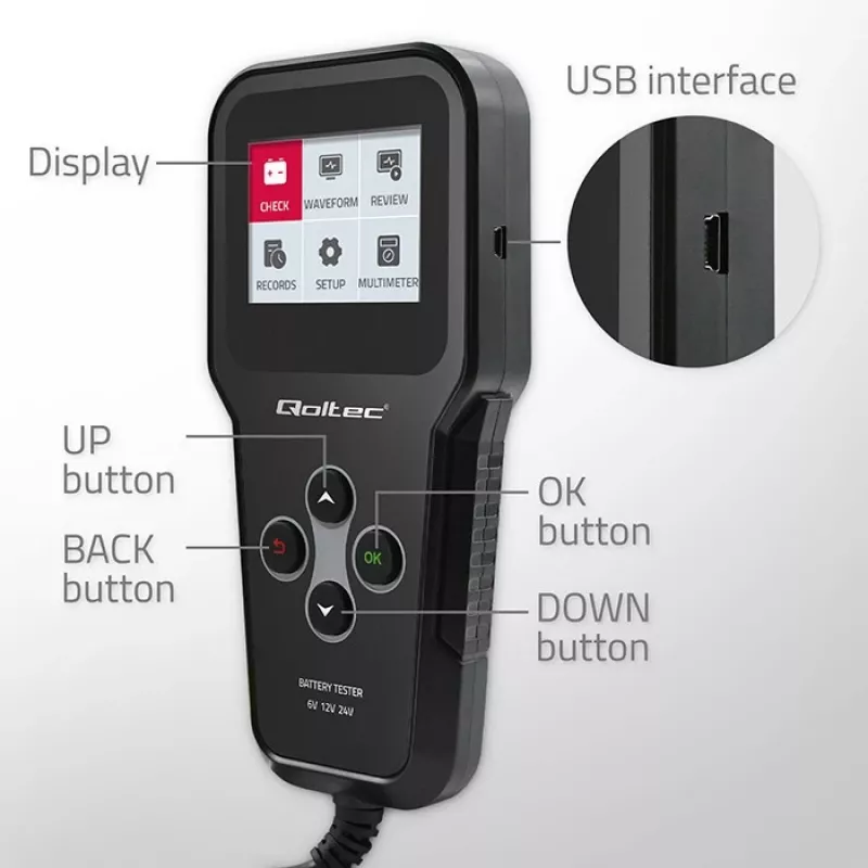 Qoltec 52489 Analizador y comprobador digital de baterías 3-en-1 con LCD y multilingüe 6V | 12V | 24V | 30Ah-200Ah