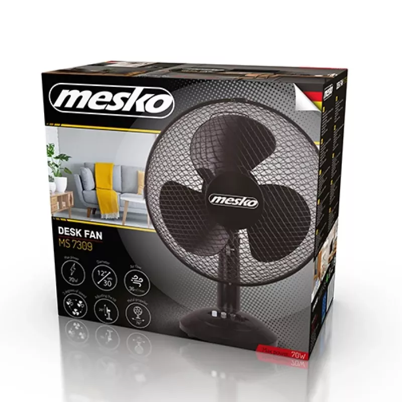 Mesko | Ventilador | MS 7309 | Ventilador de mesa | Negro | Diámetro 30 cm | Niveles de velocidad 3 | Oscilación | 40 W | No