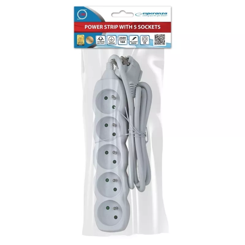 Regleta de enchufes ESPERANZA ELK207W — cable de 1,5 m, 5 tomas tipo E, interior, 220–250 V
