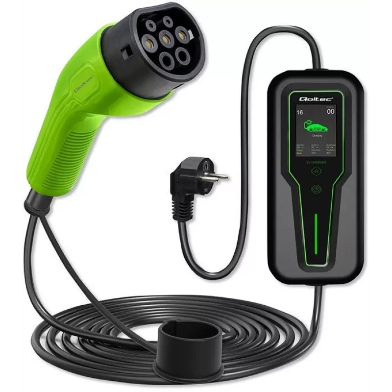 Cargador móvil para coche eléctrico Qoltec 52465 2 en 1 Type 2 con regulación | 3,5 kW | 230 V | LCD | portátil | wallbox | 5 m
