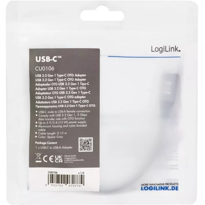 LogiLink adaptador USB 3.2 Gen1 Type-C C/M a USB-A/F OTG aluminio 0,15 m