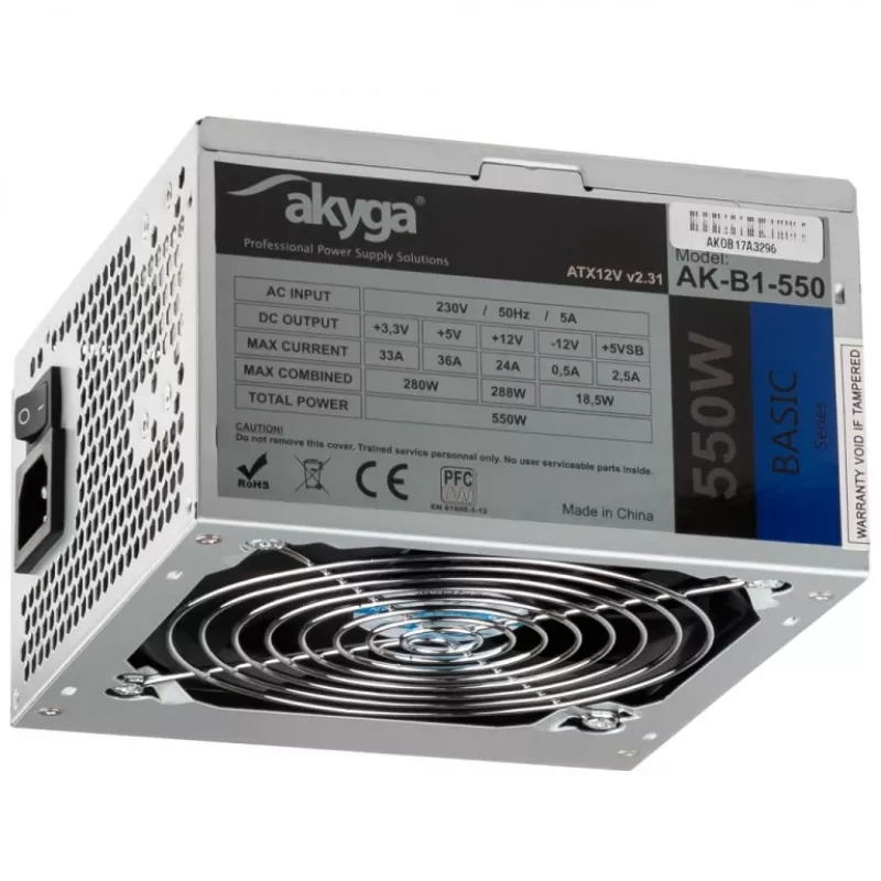 Fuente de alimentación ATX Akyga Basic AK-B1-550 550 W, ventilador de 120 mm, PFC pasivo, gris